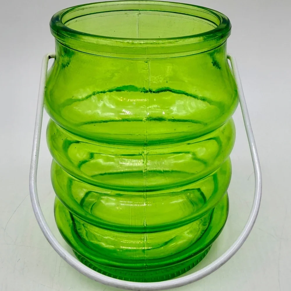 Green Ribbed Beehive Glass Lantern Votive Candle Holder with Wire Handle Vintage
